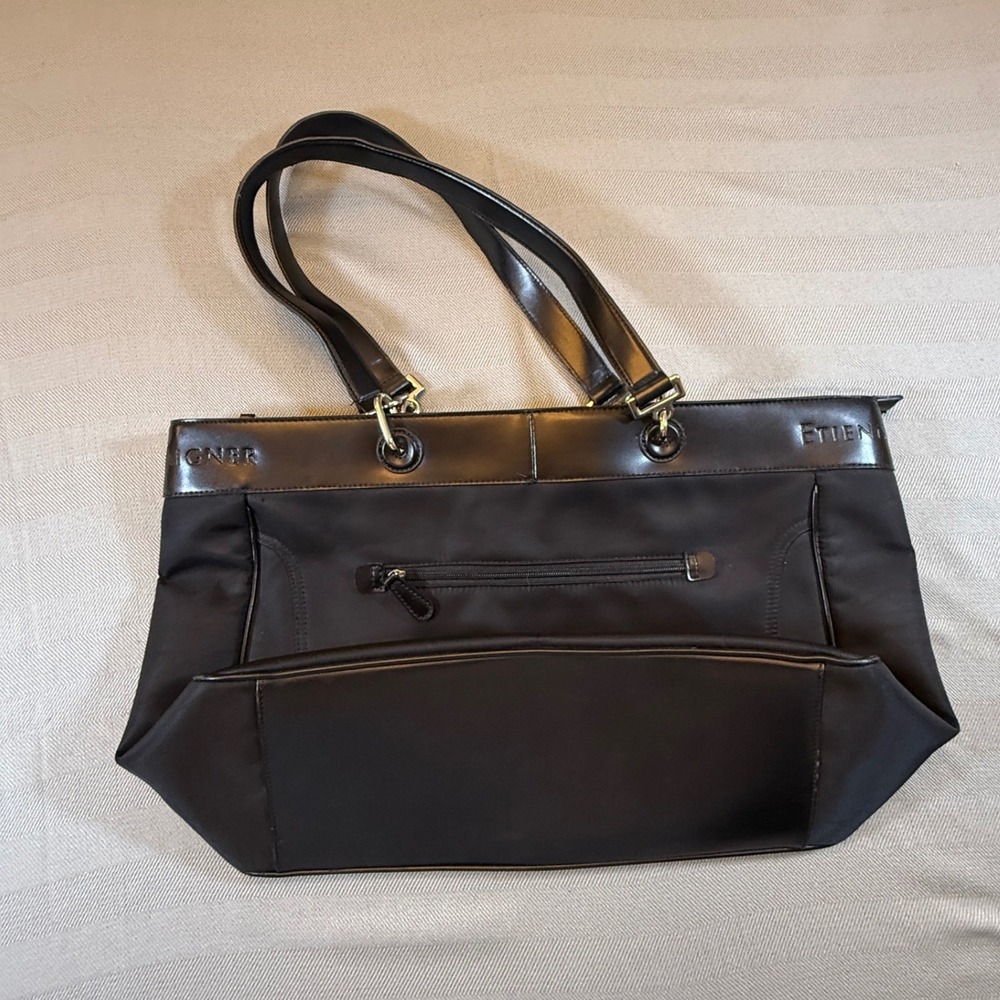 Etienne Aigner Black Nylon Faux Leather Trim Triple Compartment Shoulder Bag